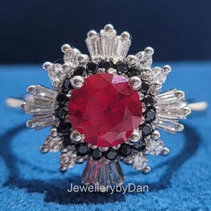 1.3ct Red Ruby Cluster Engagement Ring, 14K Rose Gold Ring, Lab Created Diamond Ring, Bridal Ring, Round Cut Ruby Wedding Ring, Gift for Her