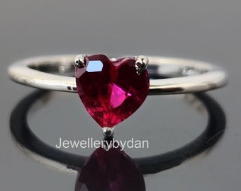 Heart Shape Ring, Red Ruby Engagement Ring,925 Silver Solitaire Ring, Red Gemstone Wedding Ring, Minimalist Ring, Birthday Gift for Her
