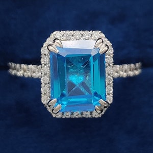 2.50 CT Aquamarine Emerald Cut Engagement Ring, 14K White Gold Pave Set Wedding Ring, Under Halo Aquamarine Bridal Jewelry, Birthday Gift