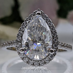 Vintage Halo Pear Cut Moissanite Engagement Ring, 14K White Gold Pave Wedding Ring, Bridal Jewelry Anniversary Gift for Her