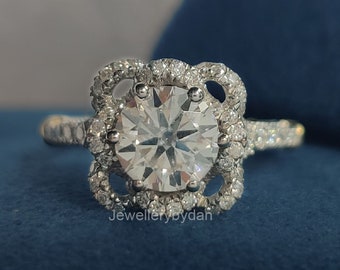 Flower Style Ring, 7 MM Round Cut Colorless Moissanite Ring, Milgrain Set Halo Engagement Ring, Vintage Ring, Wedding Gift, 14K/18K Gold