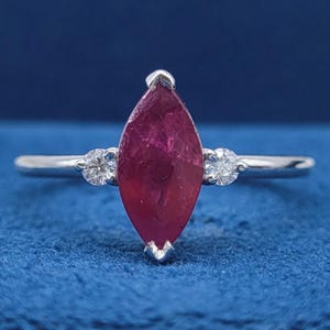 14k Stackable Natural Ruby Ring, Marquise Ruby Ring and Round Diamond Ring, Dainty Ruby Ring, Minimalist Genuine Ruby Ring, July Birthstone