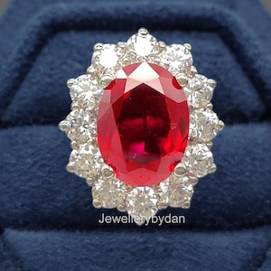 Lab Created Ruby Halo Engagement Ring, Oval Cut 14K White Gold Wedding Ring, Rad ruby Gemstone Bridal Jewelry, Anniversary Gift For Her