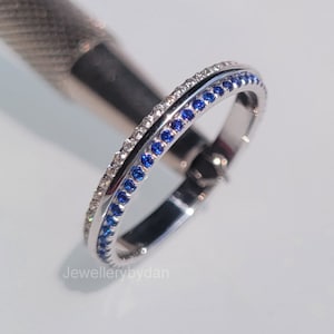 Two Row Pave Set Wedding Band, Round Cut Lab Grown Diamond With Sapphire Band, 14K White Gold, Dainty Ring, Engagement Matching Band, Gifts