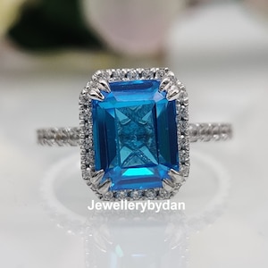 2.50 CT Aquamarine Emerald Cut Engagement Ring, 14K White Gold Pave Set Wedding Ring, Under Halo Aquamarine Bridal Ring, Gift for Her