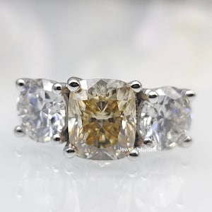Cushion Cut Yellow Brown Moissanite Wedding Ring, 14K White Gold Three Stone Engagement Ring, Accent Round Cut Bridal Jewelry, Gift For Her
