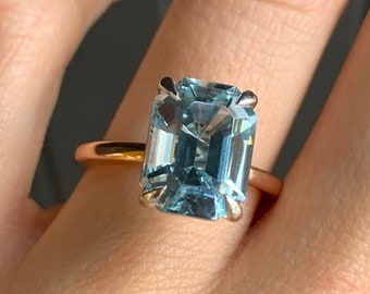 Aquamarine Emerald Cut Engagement Ring, 3.79 CT Aquamarine Solitaire Engagement Ring, 10K/14k Yellow Gold, Anniversary Gift For Her, Present