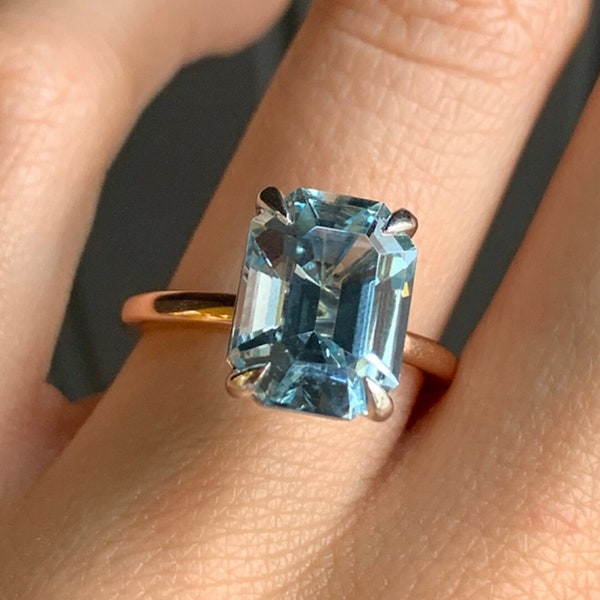 Aquamarine Emerald Cut Engagement Ring, 3.79 CT Aquamarine Solitaire Engagement Ring, 10K/14k Yellow Gold, Anniversary Gift For Her, Present