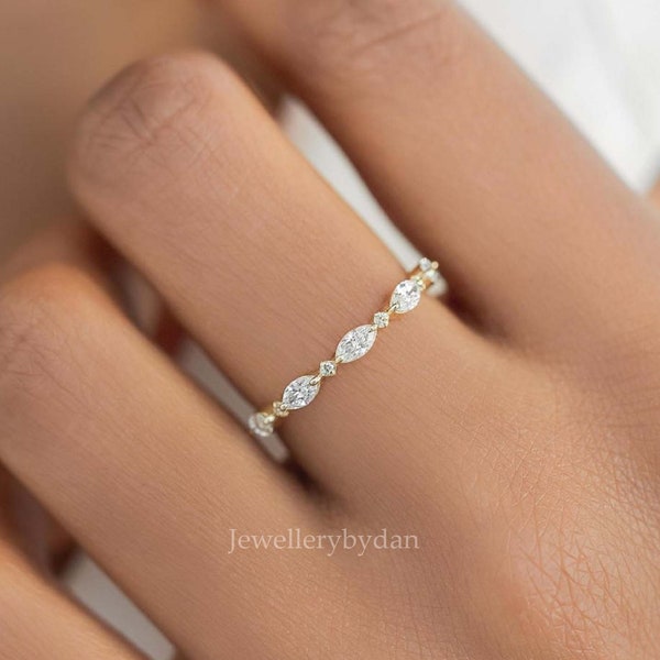 Half Eternity Marquise Lab Grown Diamond Wedding Band, Yellow Gold Wedding Rings For Her Dainty Stacking Ring, Women's Wedding Band