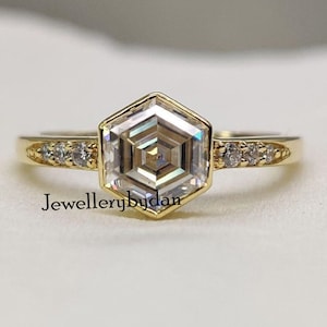 Hexagon Cut Moissanite Diamond Engagement Ring, 14k Yellow Gold Bezel Set Wedding Ring, Vintage Style Bridal Jewelry, Gift For Her