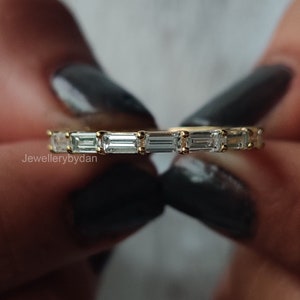 Vintage 14K Yellow Gold Engagement Band, Baguette Cut Moissanite Wedding Band, Full Eternity Stacking Matching Bridal Jewelry, Gift For Her