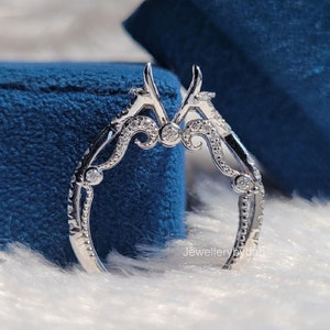 Unique Semi Mount Ring Accent Round Cut Mount Moissanite Wedding Ring 14K Solid Gold Vintage Engagement Ring, Halloween Gift For Her