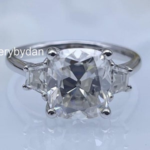 OEC Cushion Cut Moissanite with Baguette Accents Wedding Ring, 14k White Gold Three Stone Engagement Ring, Solitaire Bridal Jewelry For Her
