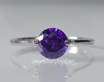 Minimalist Round Cut Purple Sapphire Engagement Ring, 925 Silver Solitaire Wedding Ring, Dainty Gemstone Bridal Ring, Birthday Gift for Her