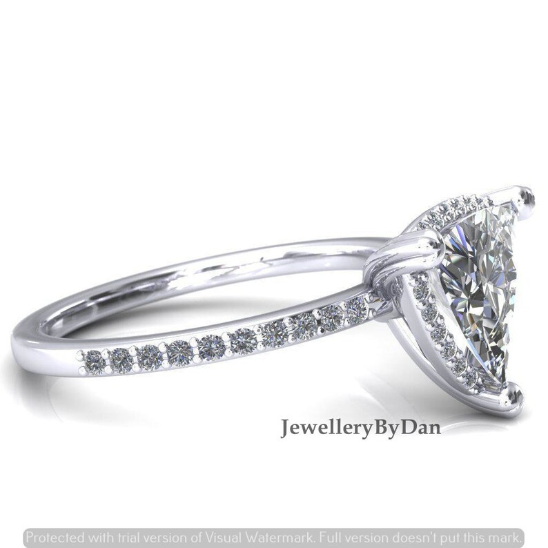 1.70 Ct Trillion Cut Moissanite Solitaire Halo Engagement Ring With Unique Leaf Prongs 14K White Gold Ring Anniversary Gift For Her