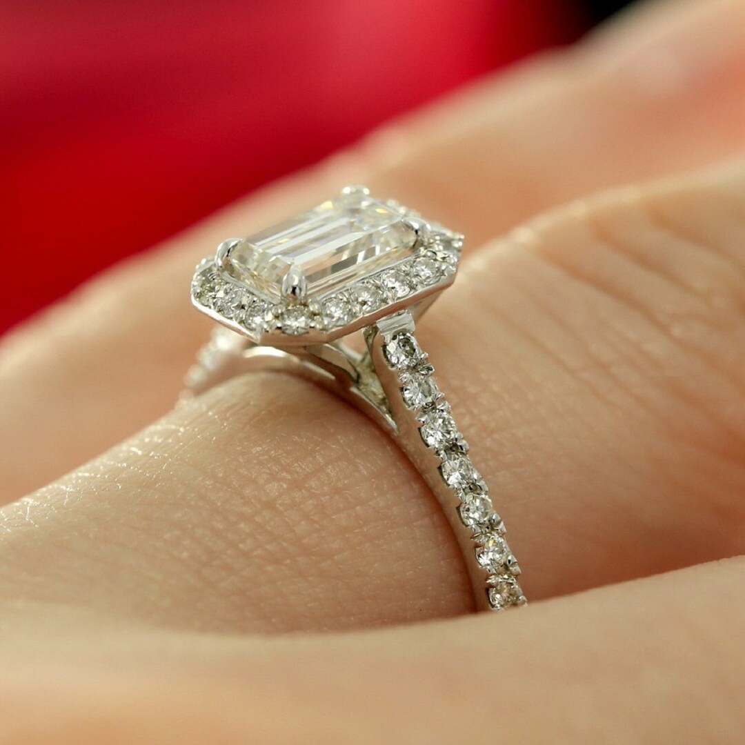 Unique Halo Engagement Ring, Emerald Cut White Moissanite Ring in 14K