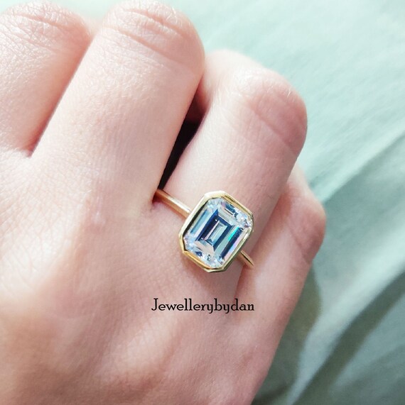 3 CT Emerald Cut Moissanite Ring Bezel Set Emerald Solitaire Etsy