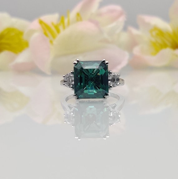 Green Emerald Cut Diamond Engagement Ring 14k White Gold Etsy