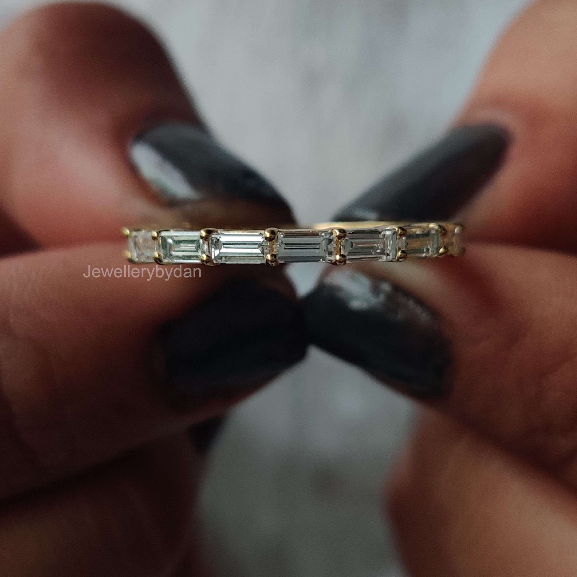 Vintage 14K Yellow Gold Engagement Band, Baguette Cut Moissanite Wedding Band, Full Eternity Stacking Matching Bridal Jewelry, Gift For Her