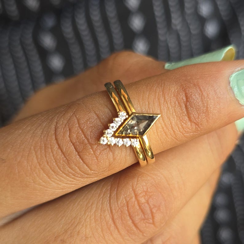 Kite Shape Salt and Pepper Diamond Engagement Ring Set, 14K Gold Ring, Geometric Ring with Chevron Diamond Band, Bridal Ring, Gift for Her image 2