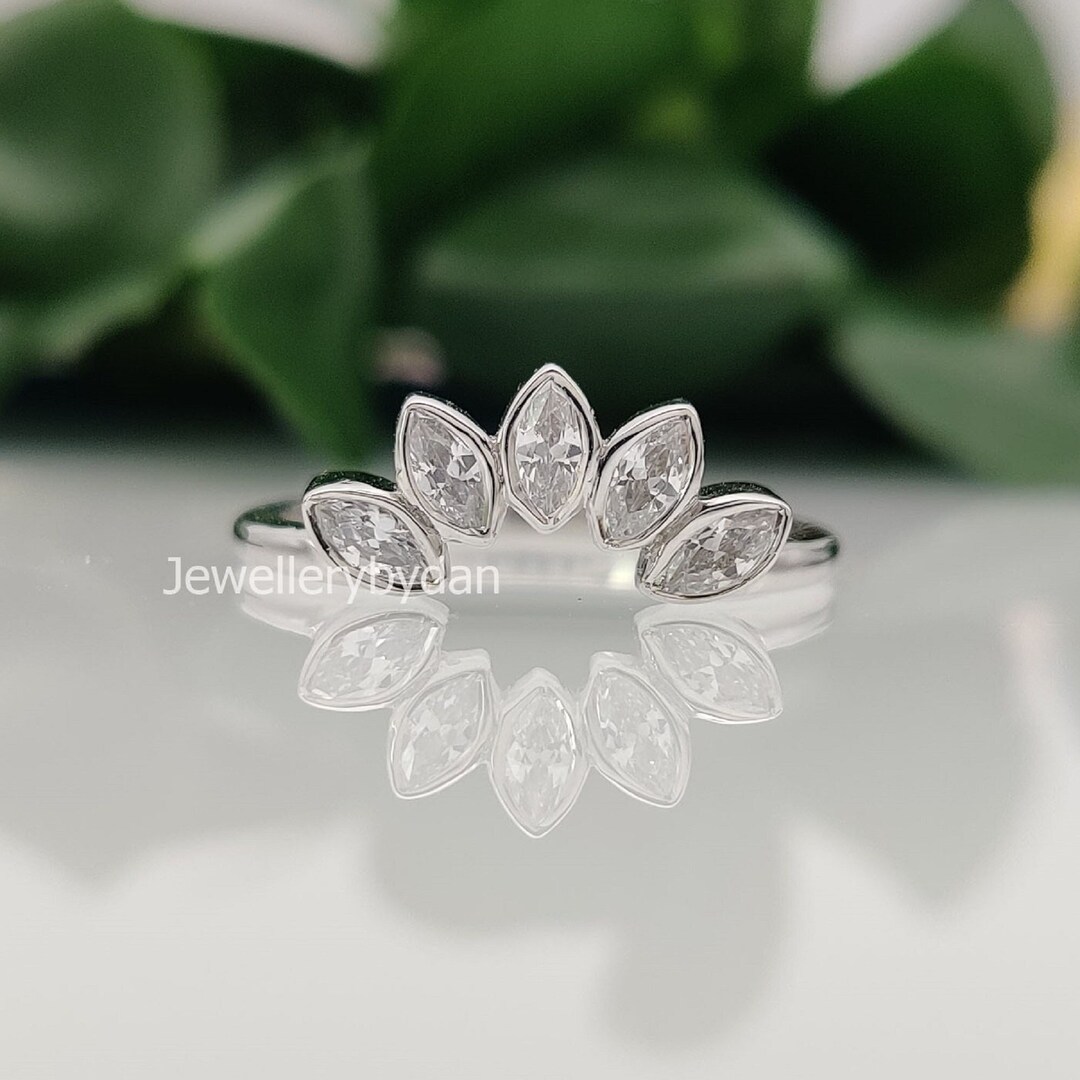 14k White Gold Crown Band, Marquise Cut Colorless Moissanite Bezel Set ...