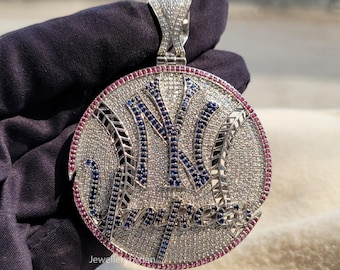 NY Iced Out Pendant, Yankee Baseball Pendant, Round Cut Lab