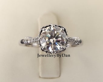 Celebrity Style Ring, Art Deco Ring, Round Moissanite Engagement Ring, Filigree Ring, Bridge Set Ring, Vintage Ring, Halo Bridal RingFor Her