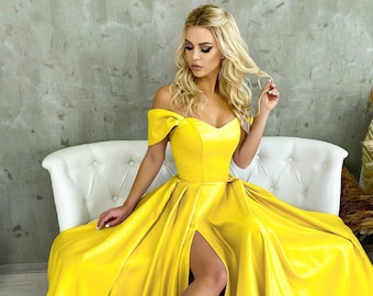 Yellow satin off shoulder corset prom dress with high slit. Custom formal bridesmaid wedding guest long dress. Color satin wedding dress.