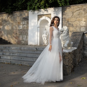 Ivory lace and tulle wedding dress with deep V neck and long sleeves. Unique fairy transformer 2 in 1 custom A line bridal dress. image 1