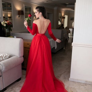 Red velvet mermaid prom dress 2 in 1 with removable tulle train. Backless red wedding dress with long sleeves.