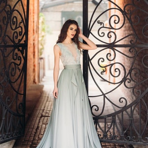Boho hippie beach wedding dress with train. Flowy grey chiffon fairy ball gown. Elegant prom dress with sexy deep V neck.