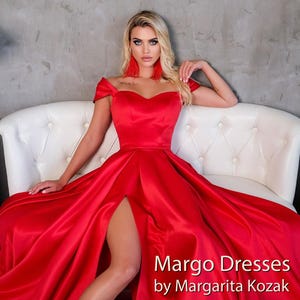 Red satin lace-up corset bridesmaid formal dress. Custom off shoulder prom dress &quot;Lady in Red&quot;. Wedding guest evening gown.