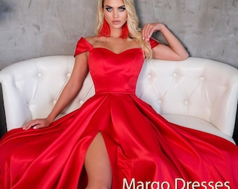 Red satin lace-up corset bridesmaid formal dress. Custom off shoulder prom dress &quot;Lady in Red&quot;. Wedding guest evening gown.