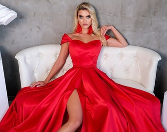 Red satin lace-up corset bridesmaid formal dress. Custom off shoulder long prom dress "Lady in Red". Wedding guest dress.