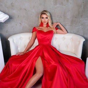 Red satin lace-up corset bridesmaid formal dress. Custom off shoulder long prom dress "Lady in Red". Wedding guest dress.