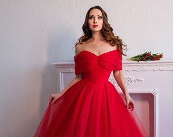 Red tulle ball gown. Wedding dress with lace-up corset. Custom formal off the shoulder long evening prom dress.