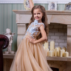 Beige tulle blue floral lace flower girl dress. Princess pageant toddler ball gown. Birthday party fairy kids dress.