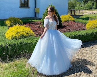 Fairy blue ombre tulle wedding dress with glitter lace-up corset. Unique custom bridal ball gown. Modern A line prom dress.