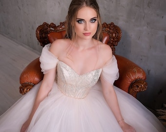 Fairy ombre tulle wedding dress with glitter lace-up corset. Unique custom bridal ball gown. Modern A line prom dress.