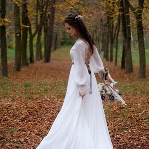 Ivory Boho Wedding Dress, Long Sleeve Lace Chiffon Gown