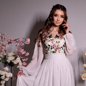Simple modest winter wedding dress. Unique fairy boho bridal dress with long sleeves. Custom flowy chiffon beach wedding dress.