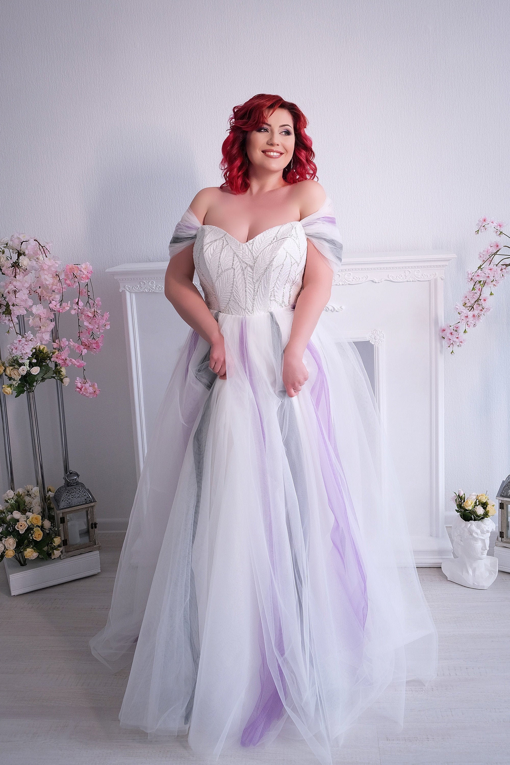 Fairy Ombre Colorful Tulle Wedding Dress With Floral Glitter