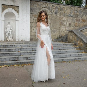 Ivory lace and tulle wedding dress with deep V neck and long sleeves. Unique fairy transformer 2 in 1 custom A line bridal dress. image 4