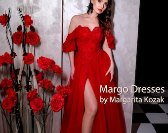 Evening prom dress &quot;Passion Carmen&quot;. Red tulle custom wedding guest dress. Bridesmaid ball gown - lace-up corset formal dress.