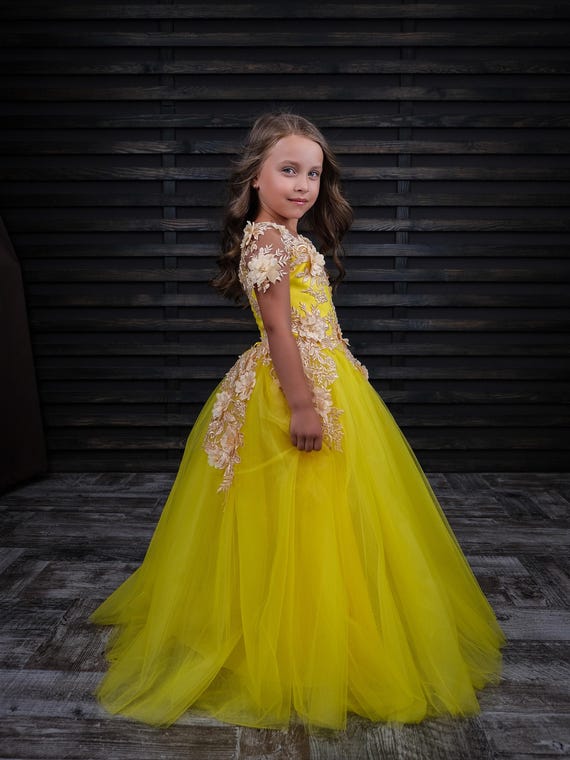 Yellow Belle princess flower girl tulle and lace dress. Pageant baby girl birthday party kids dress. Fairy toddler ball gown