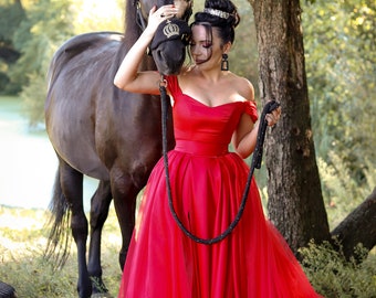Red satin lace-up corset wedding dress. Fairy princess custom ball gown. Formal photoshoot dress with long tulle train.