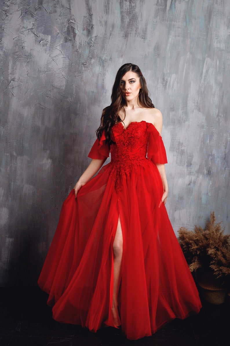Evening Dress Passion Carmen. Red Tulle Wedding Guest dress. Etsy