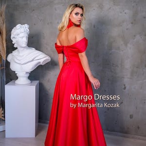 Red Satin Corset Gown: Off-Shoulder Formal Dress, High Slit image 10