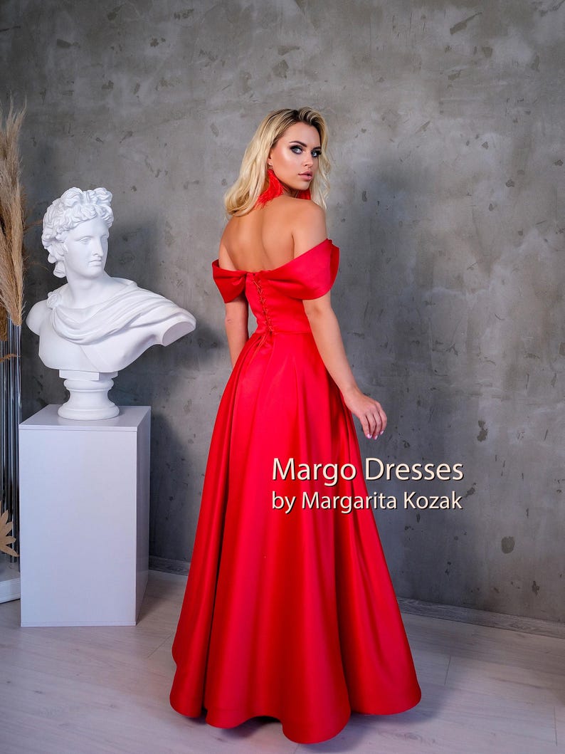 Red Satin Corset Gown: Off-Shoulder Formal Dress, High Slit image 10
