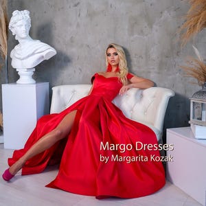 Red Satin Corset Gown: Off-Shoulder Formal Dress, High Slit image 5
